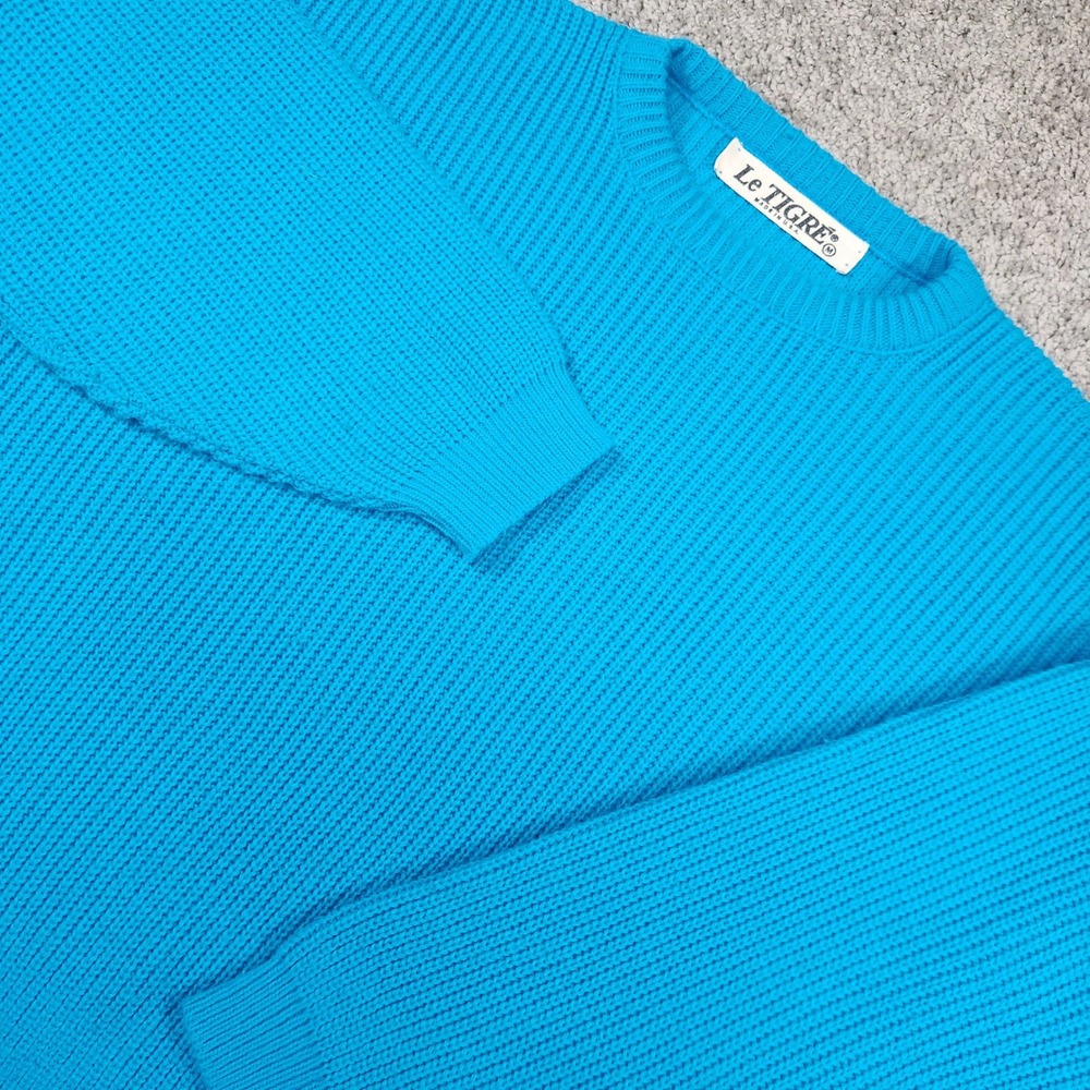 Vintage 80s Le Tigre Sweater Mens M Chunky Knit Blue Made in USA Preppy Grandpa‎